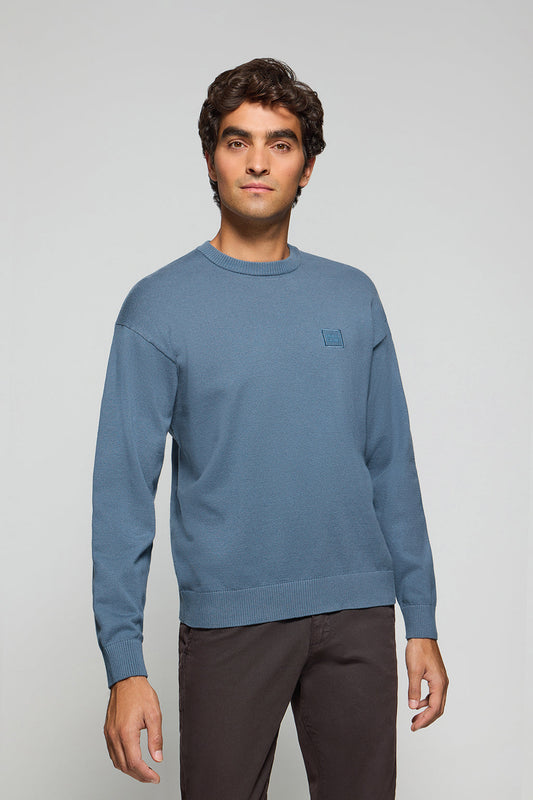Denim-blue round-neck knit jumper Keith with Polo Club details
