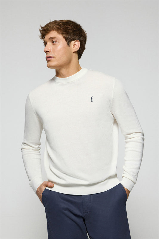 Off-white round-neck knit jumper with Rigby Go embroidered logo