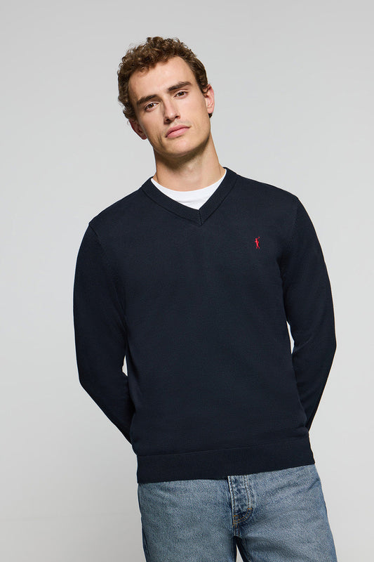 Navy-blue V-neck knit jumper with Rigby Go embroidery