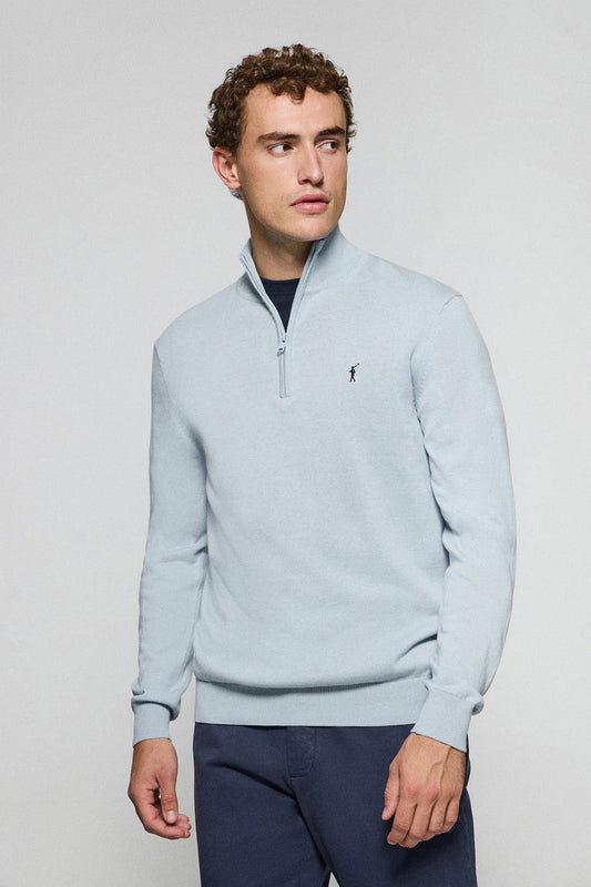 Light-blue half-zip knit jumper with Rigby Go embroidered logo