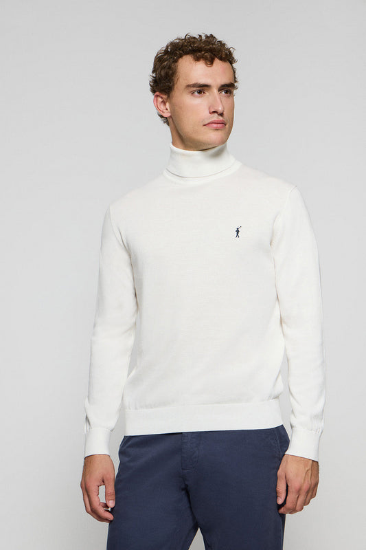 Beige turtleneck knit jumper with Rigby Go embroidered logo