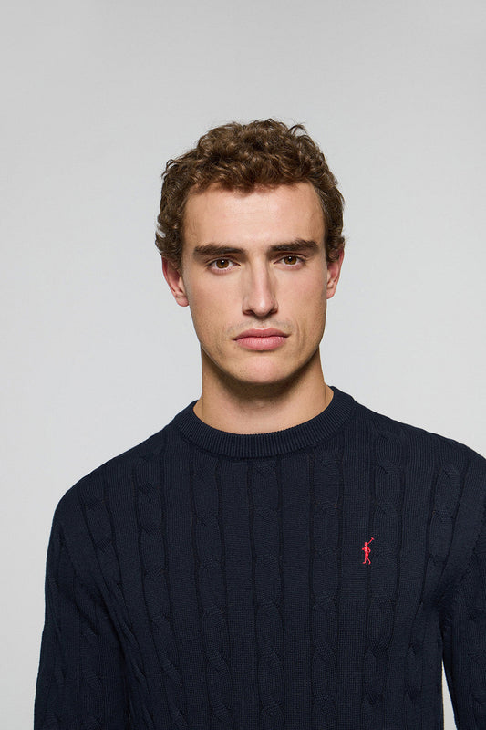 Navy-blue cable-knit jumper with Rigby Go logo