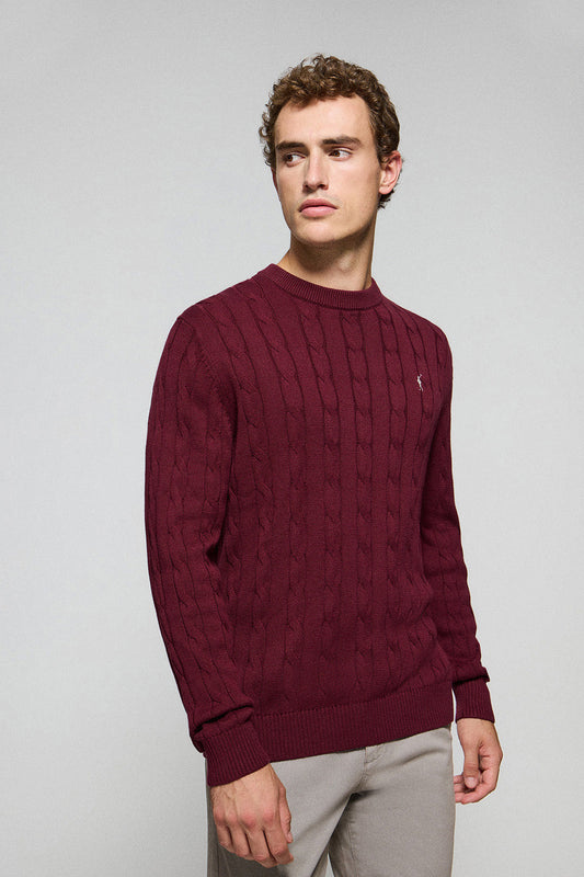 Maroon cable-knit jumper with Rigby Go logo