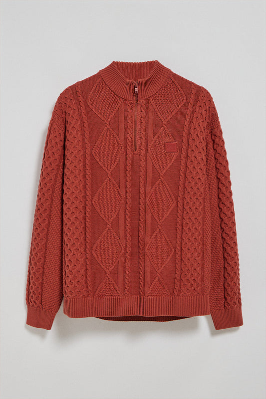 Orange-red zip cable-knit jumper Nil with Polo Club detail
