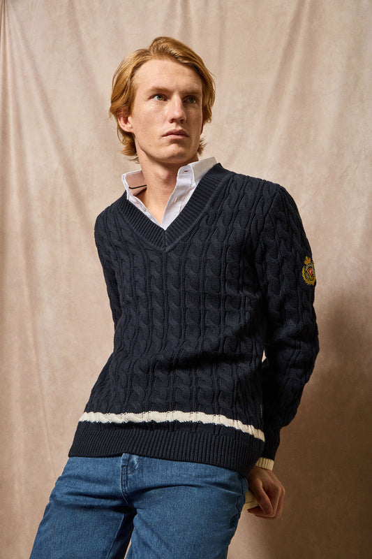 Navy-blue V-neck jumper Nautic with sleeve nautical patch