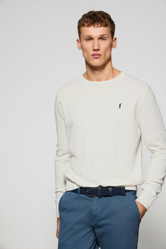 Beige round-neck knit jumper with Rigby Go embroidery