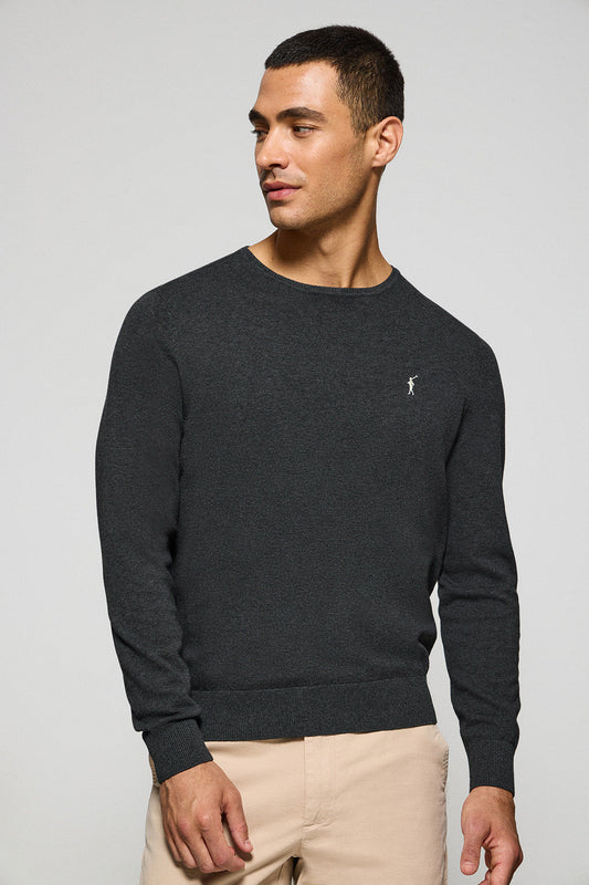 Grey-marl round-neck knit jumper with Rigby Go embroidery