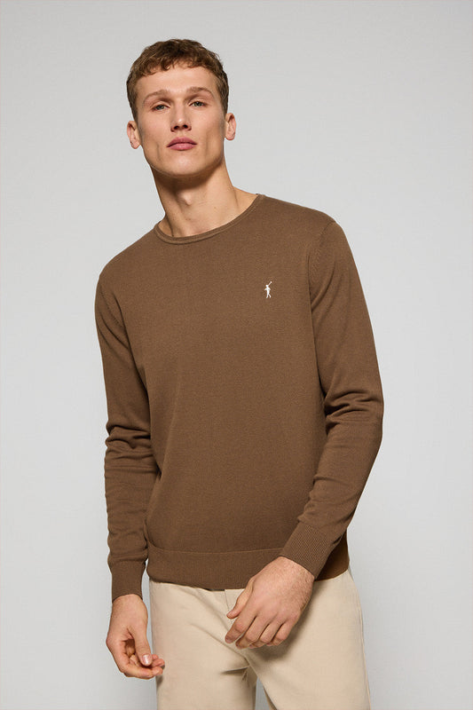 Mocha round-neck knit jumper with Rigby Go embroidery