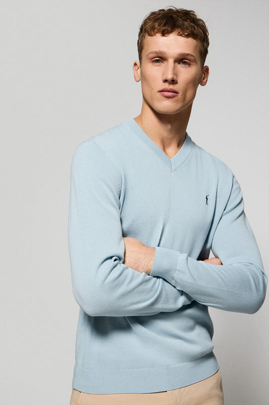 Light-blue V-neck knit jumper with Rigby Go embroidery