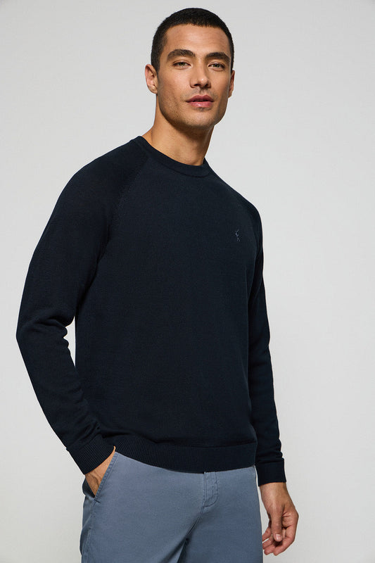 Navy-blue round-neck jumper in linen and cotton with Rigby Go embroidery