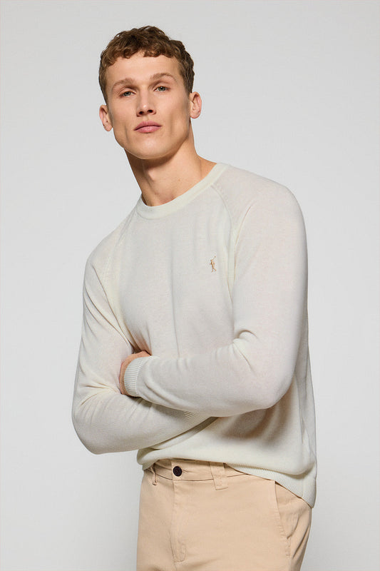 Beige round-neck jumper in linen and cotton with Rigby Go embroidery
