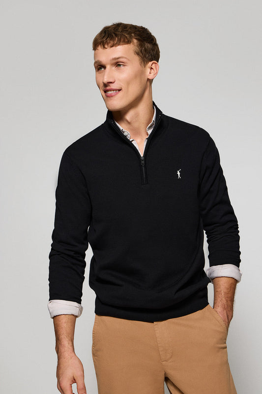 Black knit jumper with zip and Rigby Go embroidered logo