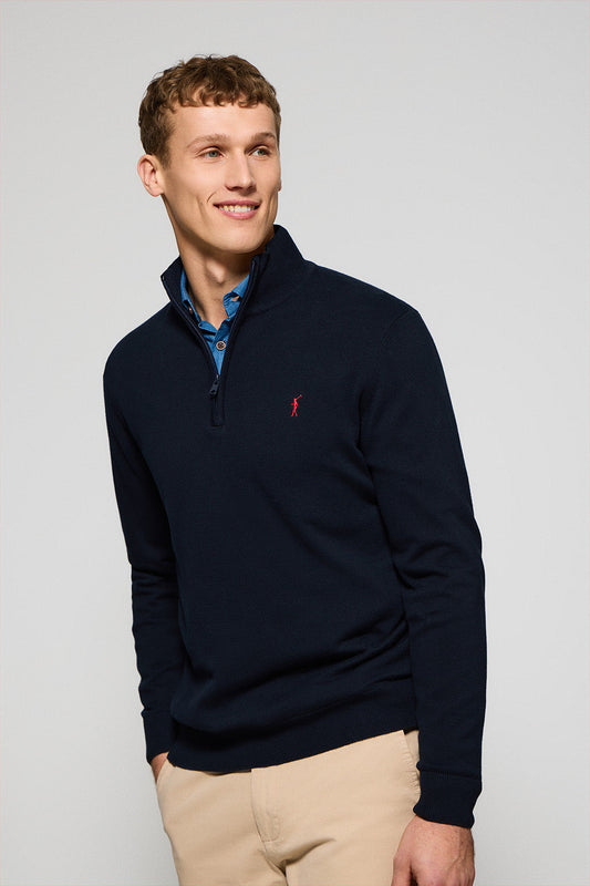 Navy-blue knit jumper with zip and Rigby Go embroidered logo