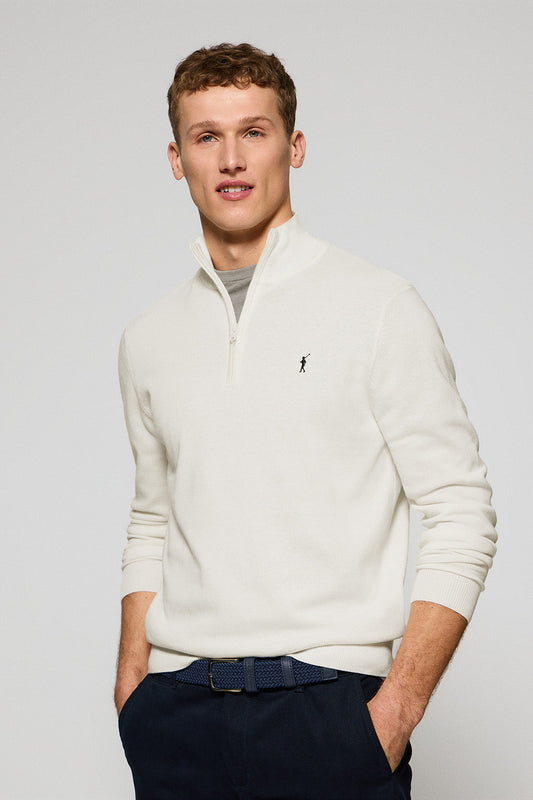 Beige knit jumper with zip and Rigby Go embroidered logo