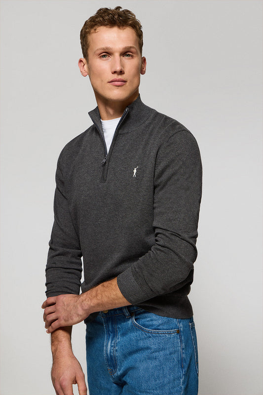 Dark-grey-marl knit jumper with zip and Rigby Go embroidered logo
