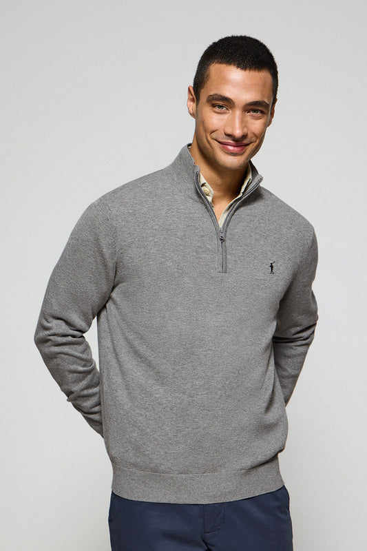 Grey-marl knit jumper with zip and Rigby Go embroidered logo