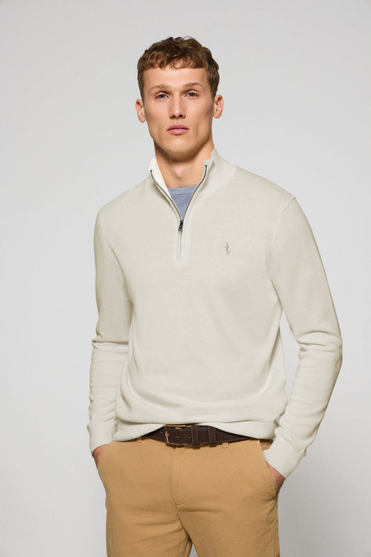 Beige zipped jumper with Rigby Best embroidery