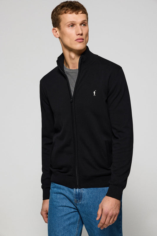 Black knit cardigan with zip and Rigby Go embroidery