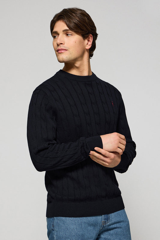 Navy-blue round-neck cable-knit jumper with Rigby Go embroidery