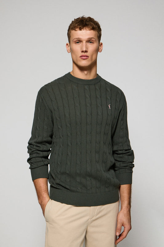 Stone-grey round-neck cable-knit jumper with Rigby Go embroidery