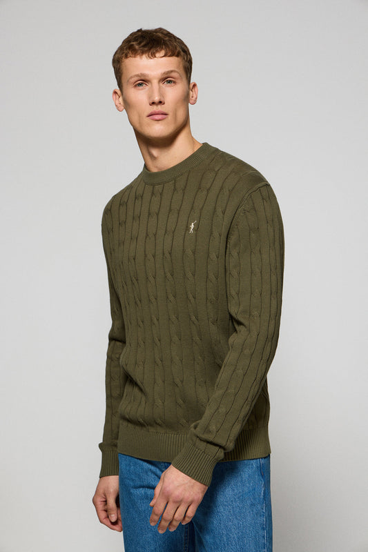 Light-green round-neck cable-knit jumper with Rigby Go embroidery