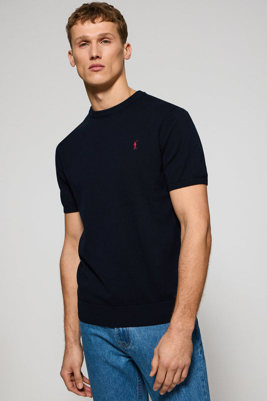 Navy-blue short-sleeve jumper with round neck and embroidered logo