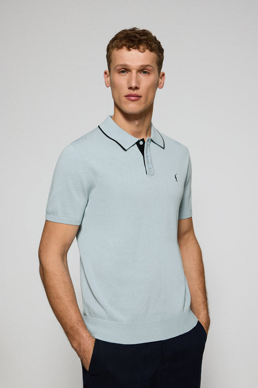 Light-blue knitted polo shirt with buttons and Rigby Go embroidery