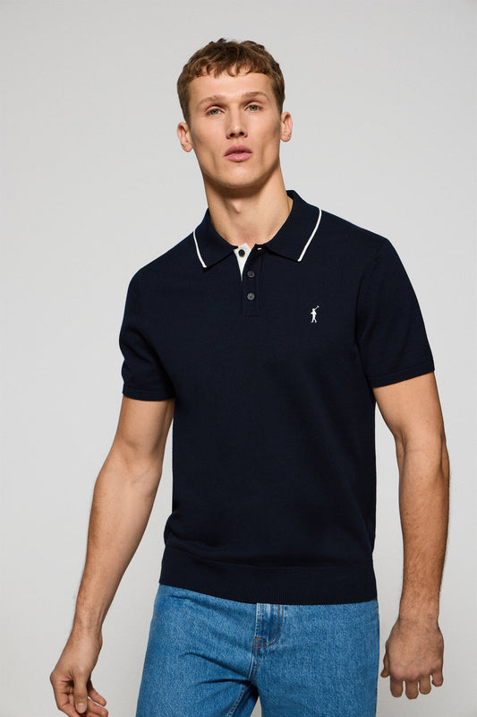 Navy-blue knitted polo shirt with buttons and Rigby Go embroidery