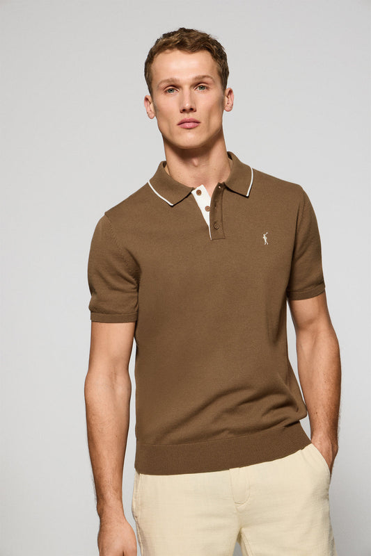 Mocha knitted polo shirt with buttons and Rigby Go embroidery