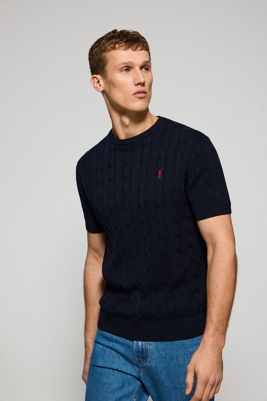 Navy-blue short-sleeve cable-knit jumper with embroidered logo