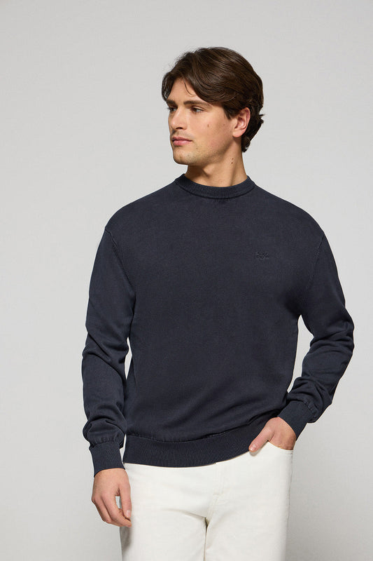 Navy blue garment-dyed round neck jumper with embroidered logo