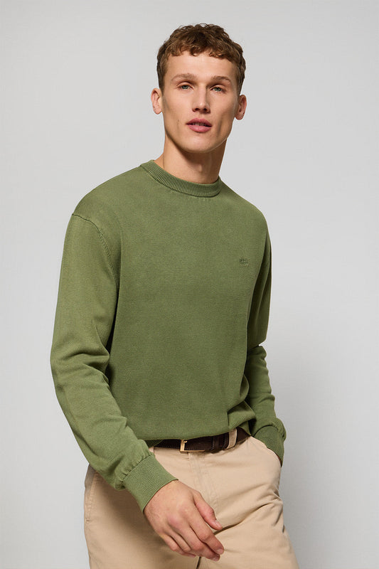 Light-green garment-dye jumper with round neck and embroidered logo