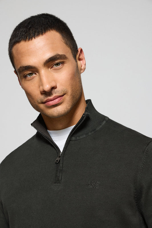 Asphalt-grey garment-dyed jumper with half zip and embroidered logo