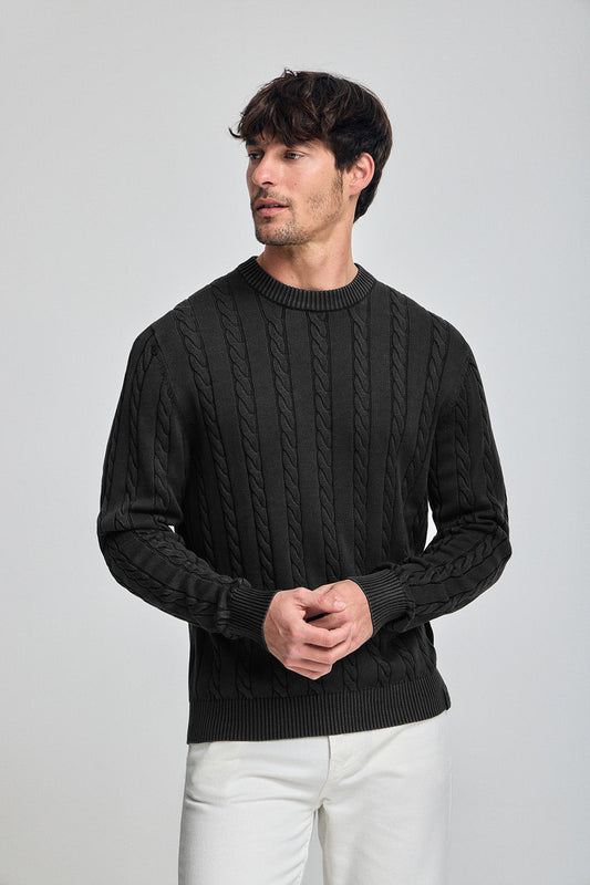 Asphalt-grey garment-dye cable-knit jumper with embroidered logo