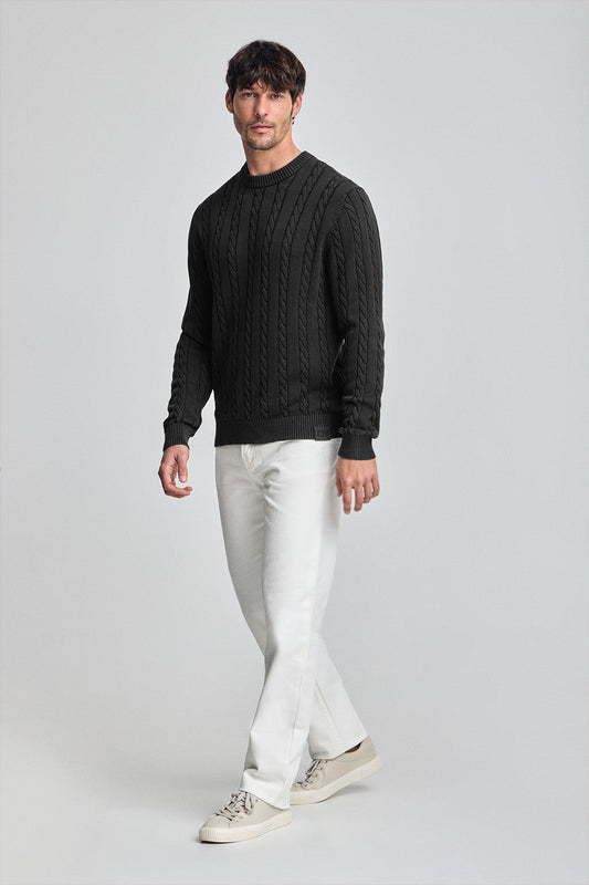 Asphalt-grey garment-dye cable-knit jumper with embroidered logo