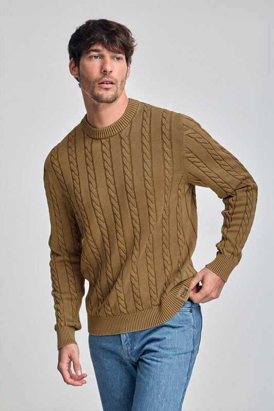 Camel garment-dye cable-knit jumper with embroidered logo