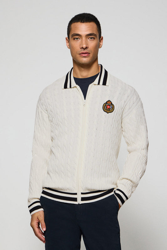 Beige cable-knit cardigan with zip and nautical logo