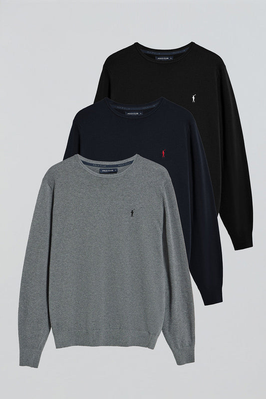 Round-neck knit jumper with Rigby Go embroidery 3 pack (navy blue, black and grey marl)