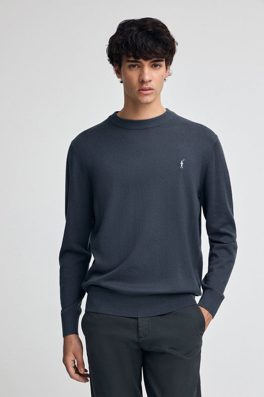 Denim-blue wool-blend jumper with Rigby Go embroidery