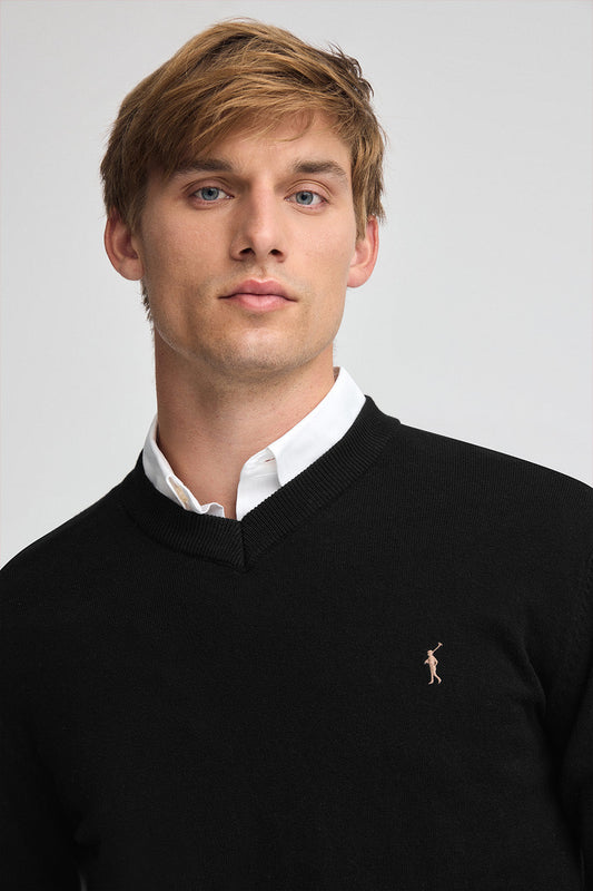 Black V-neck wool-blend jumper with Rigby Go embroidery