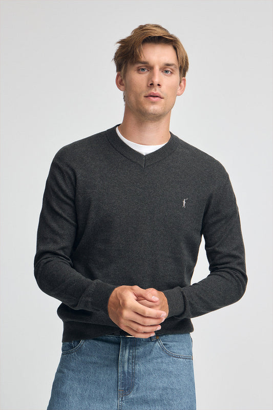 Dark-grey-marl V-neck wool-blend jumper with Rigby Go embroidery