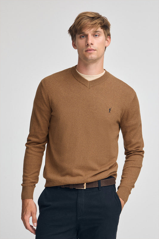Camel-marl V-neck wool-blend jumper with Rigby Go embroidery