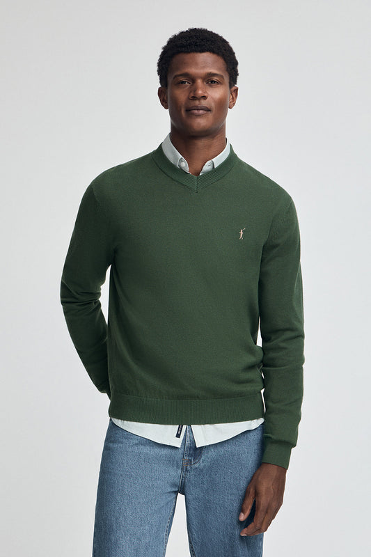 Mud-green V-neck wool-blend jumper with Rigby Go embroidery
