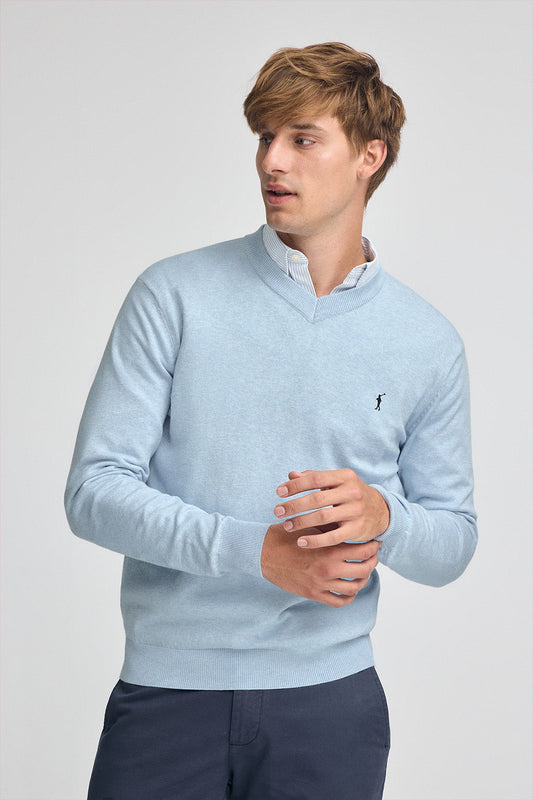 Light-blue-marl V-neck wool-blend jumper with Rigby Go embroidery