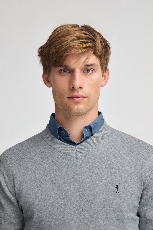 Grey-marl V-neck wool-blend jumper with Rigby Go embroidery