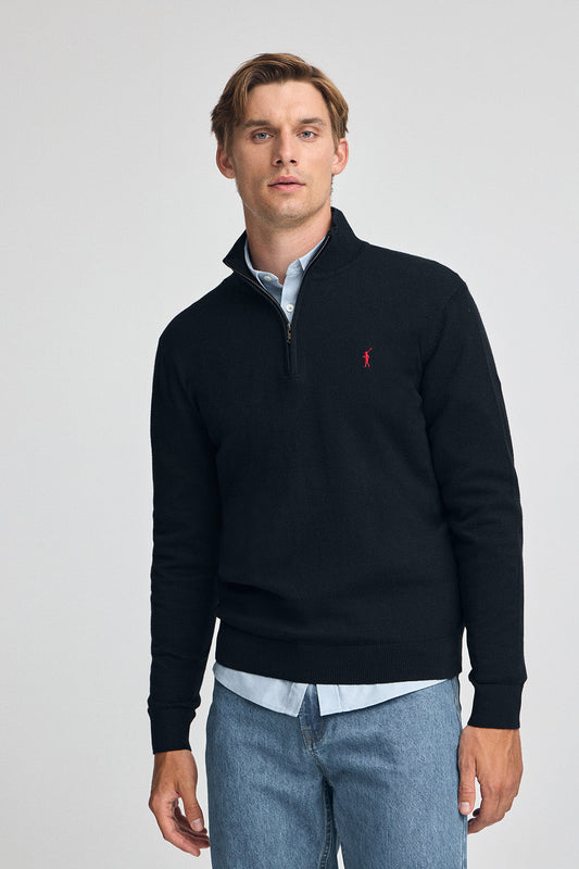 Navy-blue half-zip wool-blend jumper with Rigby Go embroidery
