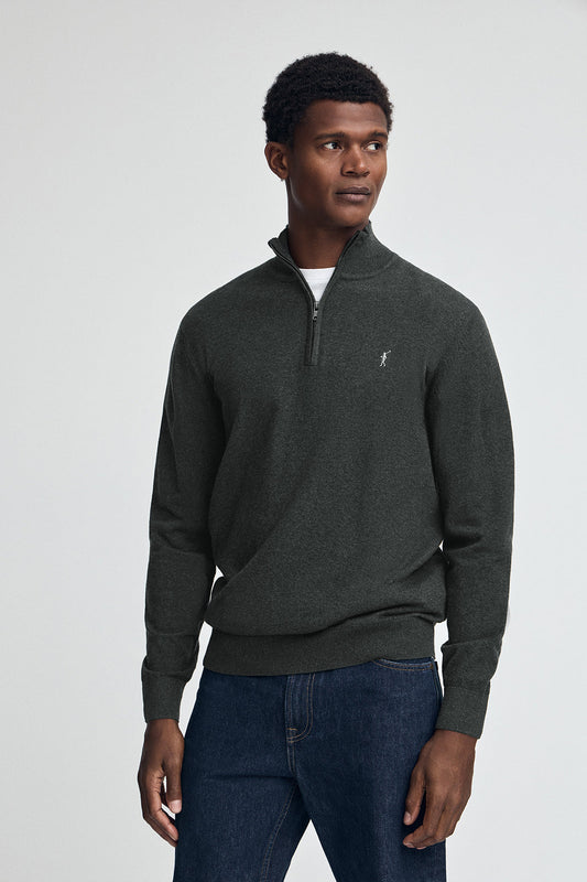 Dark-grey-marl half-zip wool-blend jumper with Rigby Go embroidery