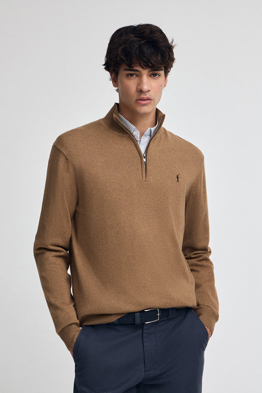 Camel-marl half-zip wool-blend jumper with Rigby Go embroidery