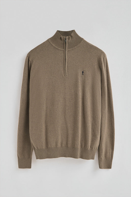 Dark-brown-marl half-zip wool-blend jumper with Rigby Go embroidery