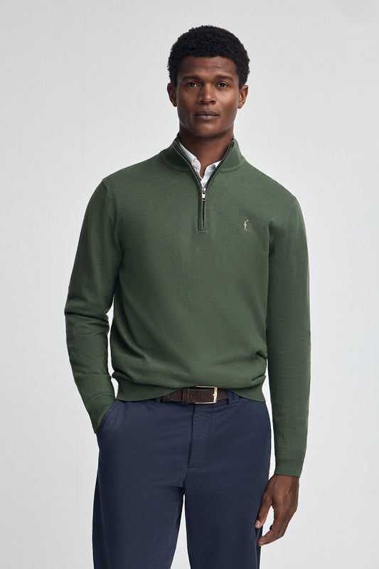 Mud-green half-zip wool-blend jumper with Rigby Go embroidery